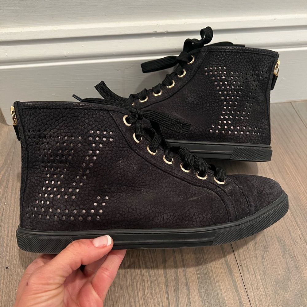 Louis Vuitton black leather sneakers with gold hardware